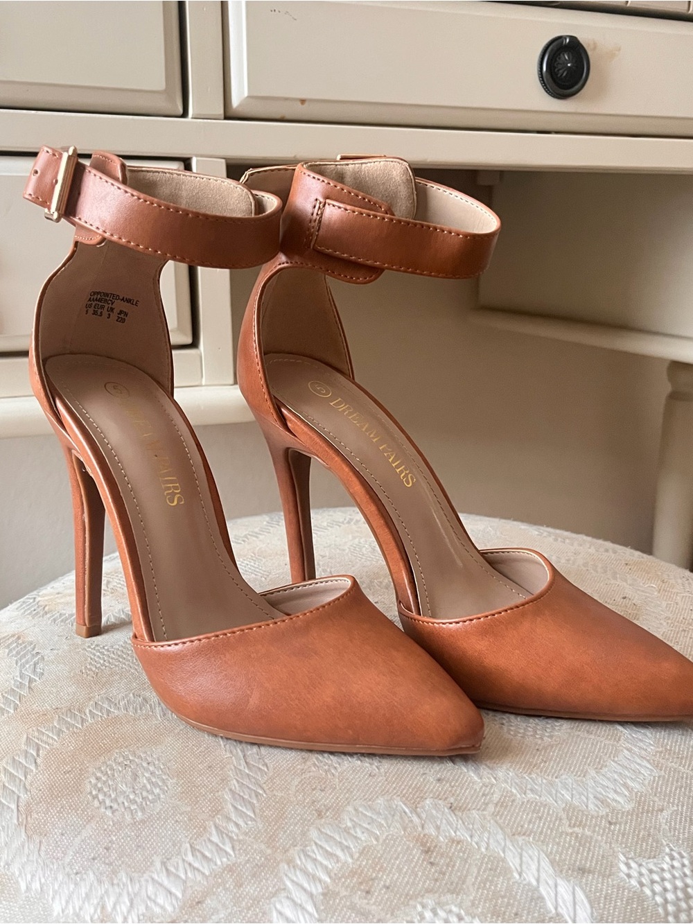 Dream Pairs Women's Tan Pointed Toe Ankle Strap Heels
